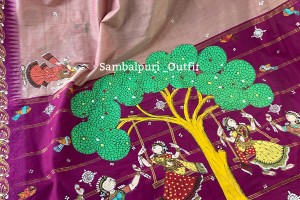 Exclusive Pattachitra cotton saree in peach with purple combination